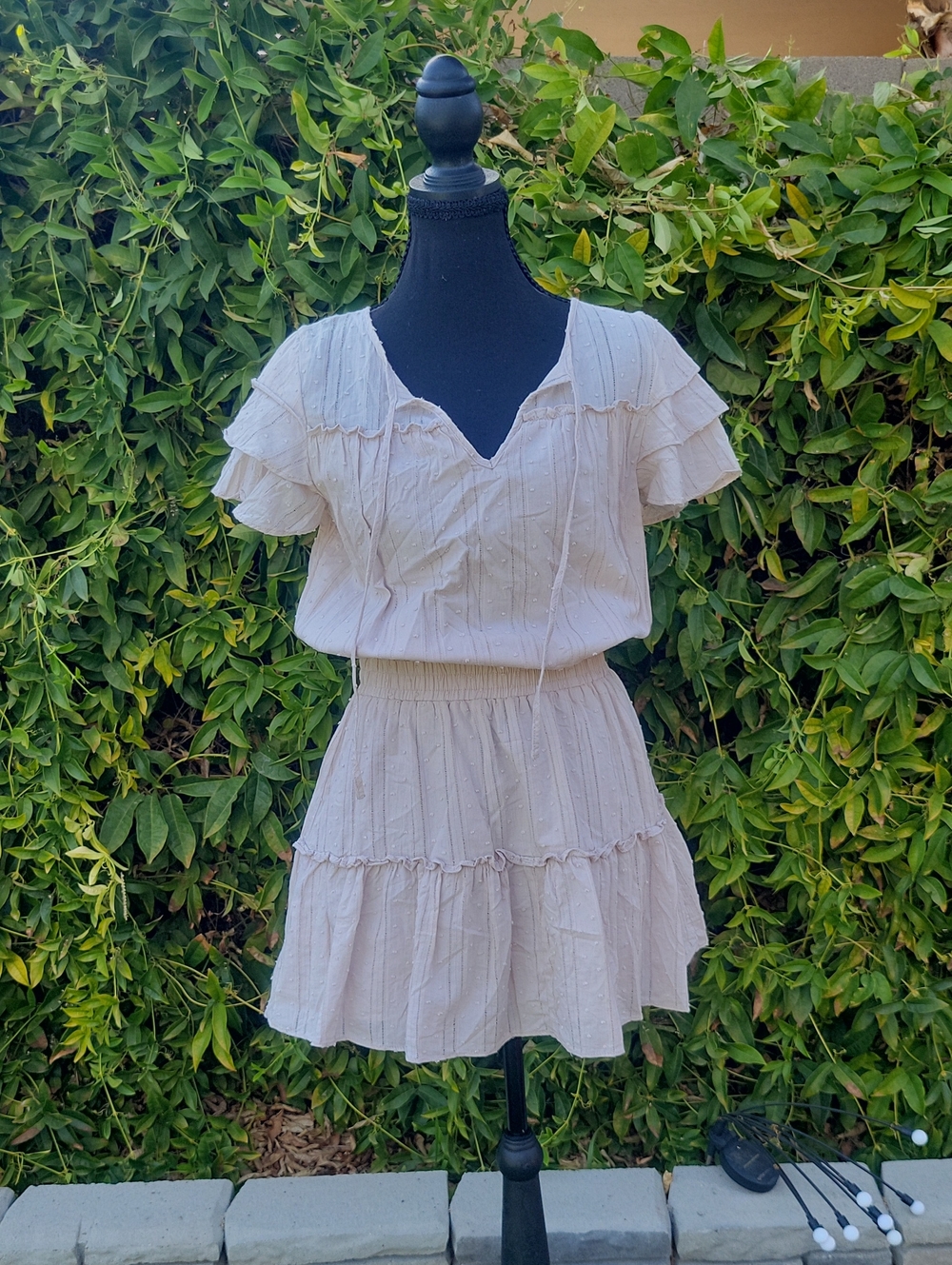 Light Beige 100% Cotton Ruffle Tiered Swiss Dot Mini Dress M